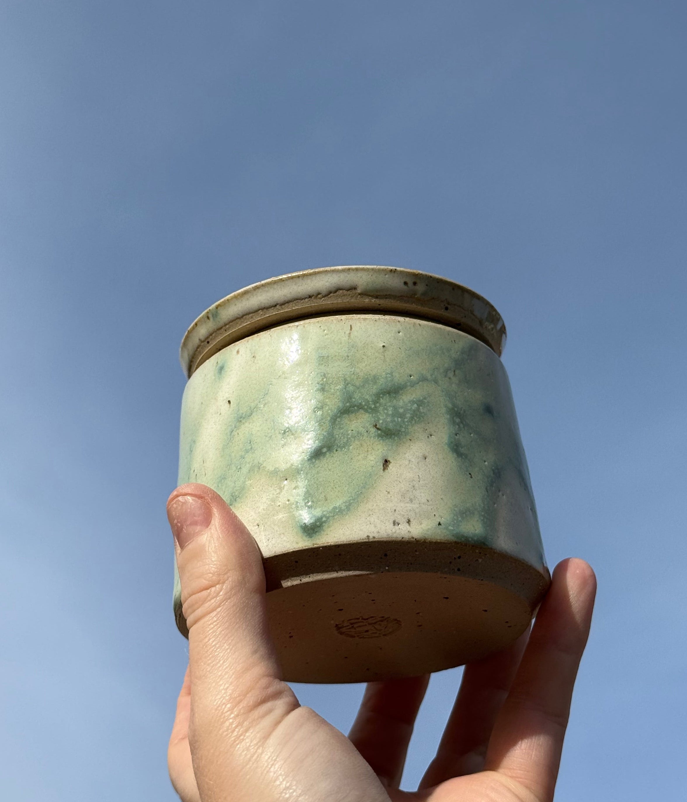 Marbled green handmade ceramic salt jar for sea salt flakes