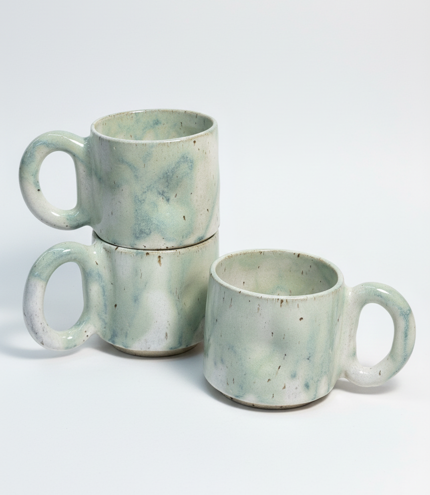 Three handmade ceramic mugs with a speckled pattern on a light gray background