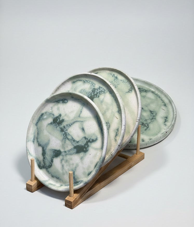 Marbled green handmade ceramic plates set of 4